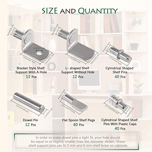 Keadic 156Pcs 5mm Nickel Plated Shelf Pegs Shelves Pins Kit, 5 Styles Shelf Pegs Kit, Cabinet Furniture Shelf Pins Support Bracket Pegs with Plastic Caps for Kitchen Cabinet Bookcase - Image 4