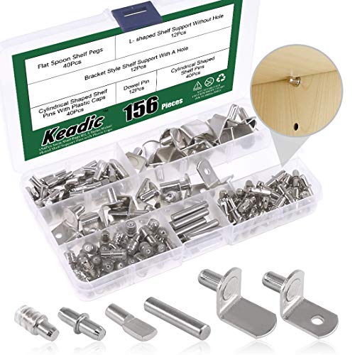 Keadic 156Pcs 5mm Nickel Plated Shelf Pegs Shelves Pins Kit, 5 Styles Shelf Pegs Kit, Cabinet Furniture Shelf Pins Support Bracket Pegs with Plastic Caps for Kitchen Cabinet Bookcase - Image 1
