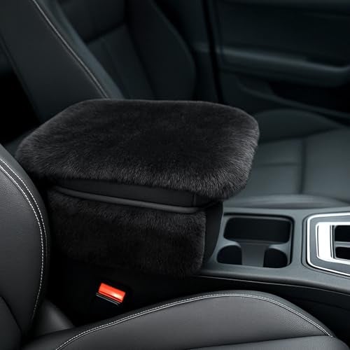 I3DIDEA Fluffy Car Armrest Cover with Side Pockets Plush Fuzzy Fur Center Console Armrest Cushion Pad Universal Winter Car Interior Protector Soft Arm Rest Cover with Storage for Women Men BLACK - Image 1
