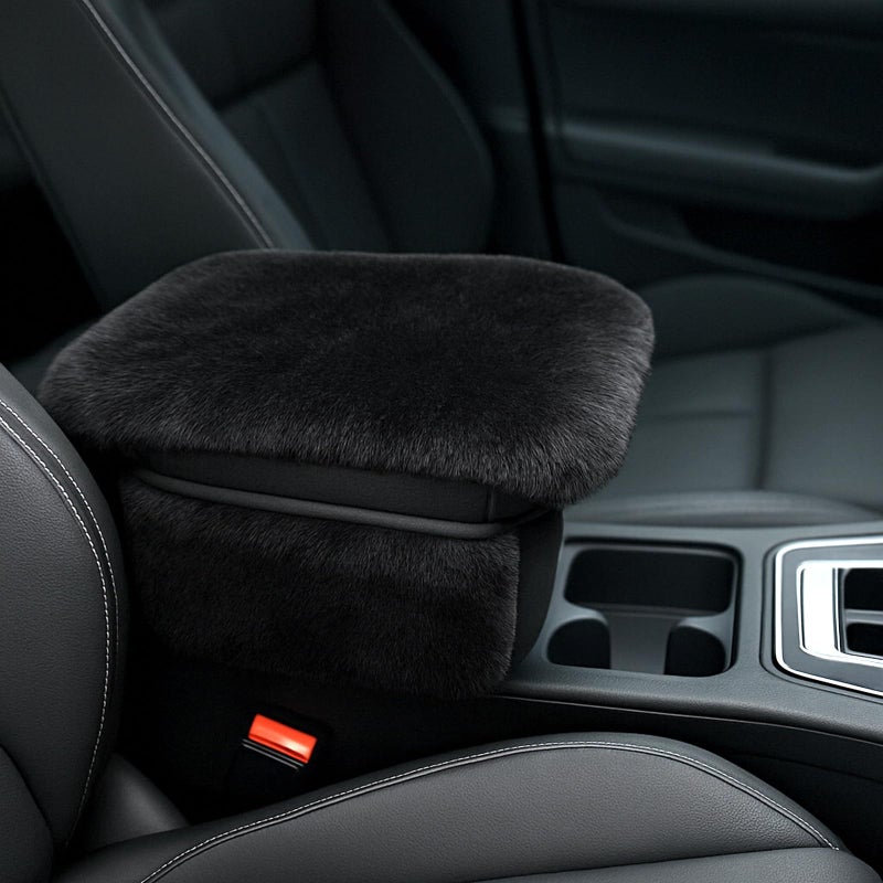 I3DIDEA Fluffy Car Armrest Cover with Side Pockets Plush Fuzzy Fur Center Console Armrest Cushion Pad Universal Winter Car Interior Protector Soft Arm Rest Cover with Storage for Women Men BLACK - Image 3