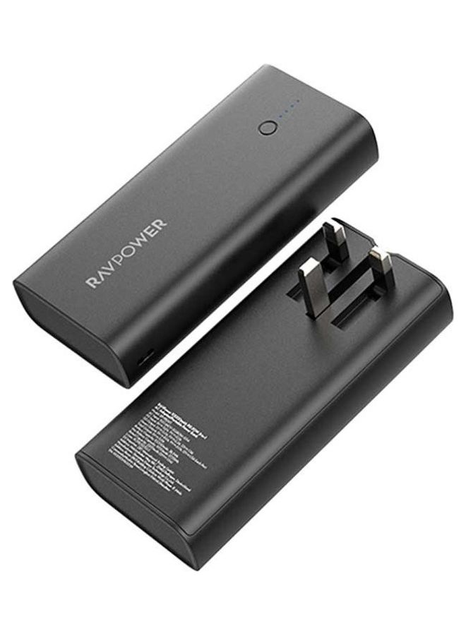 راف باور بطارية 10000 mAh مع شاحن جداري مدمج منفذين يو اس بي ومنفذ تايب سي بتقنية بي دي 20 واط 10000 mAh أسود - Image 1