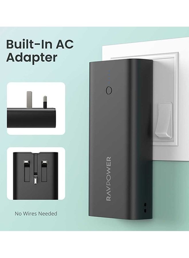 راف باور بطارية 10000 mAh مع شاحن جداري مدمج منفذين يو اس بي ومنفذ تايب سي بتقنية بي دي 20 واط 10000 mAh أسود - Image 4