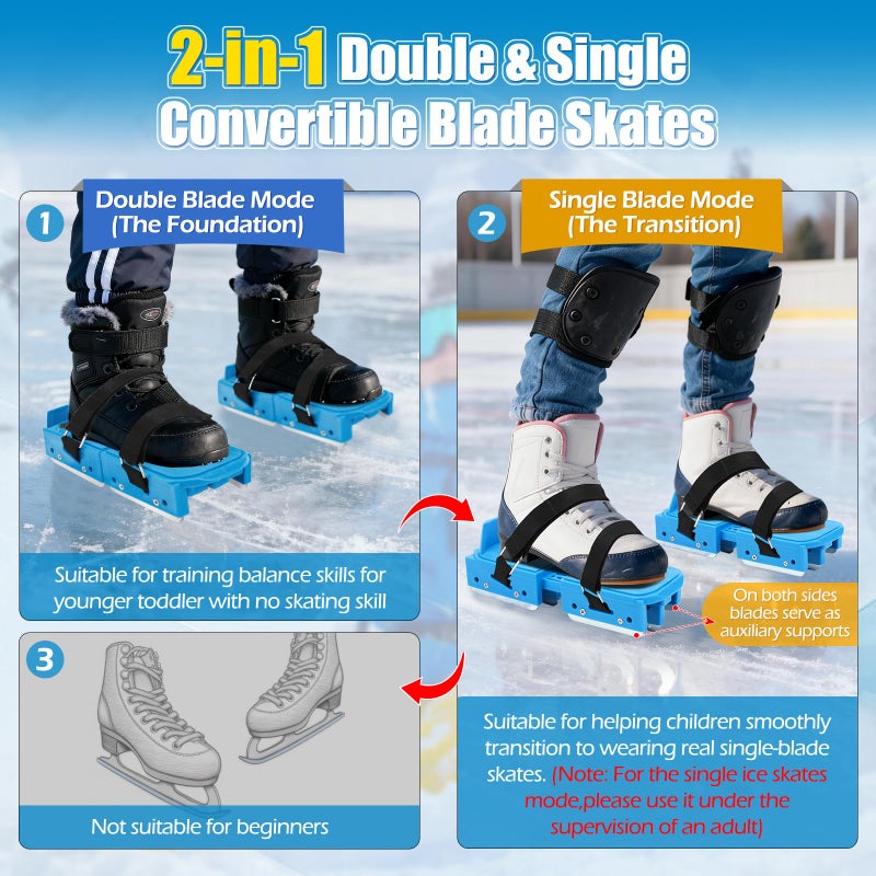 Tryly 1Pair Upgraded Toddler Ice Skates, Kids Adjustable 2-in-1 Double & Single Convertible Blade Skates with Hook and Loop Fastener Straps for Winter Toddler Training Shoes Beginner (Blue) - Image 3