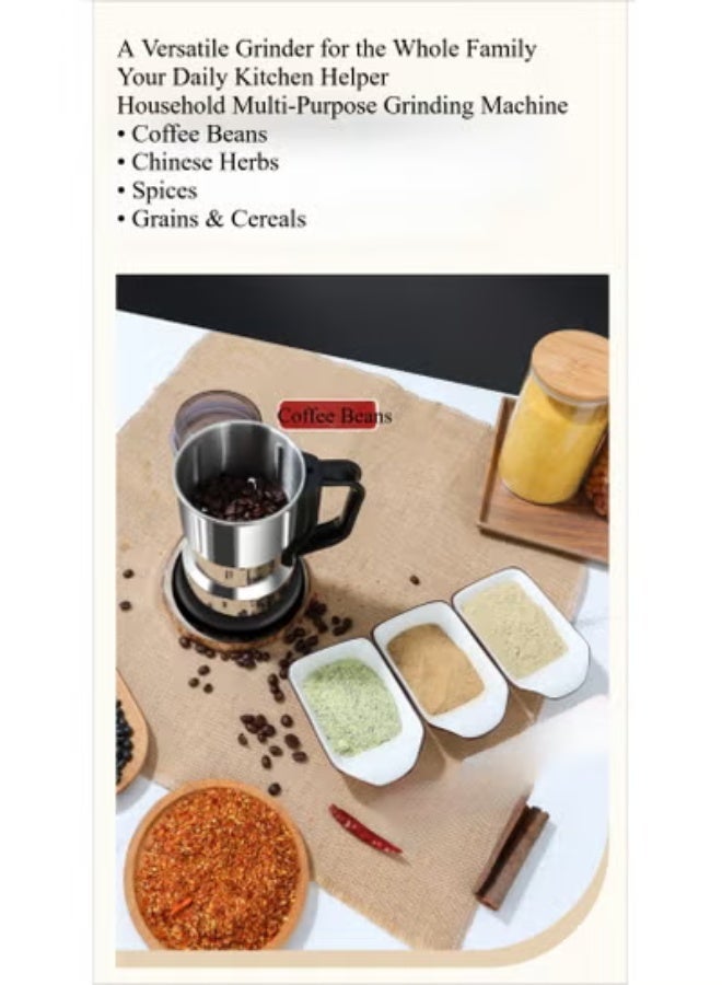 Stainless Steel Electric Dry Food Grinder – 220V High-Speed 4-Blade Mill for Coffee Beans, Grains, Spices, Herbs & Flours – BPA-Free Pulse Function, Large Capacity – Home Kitchen Essential - Image 4