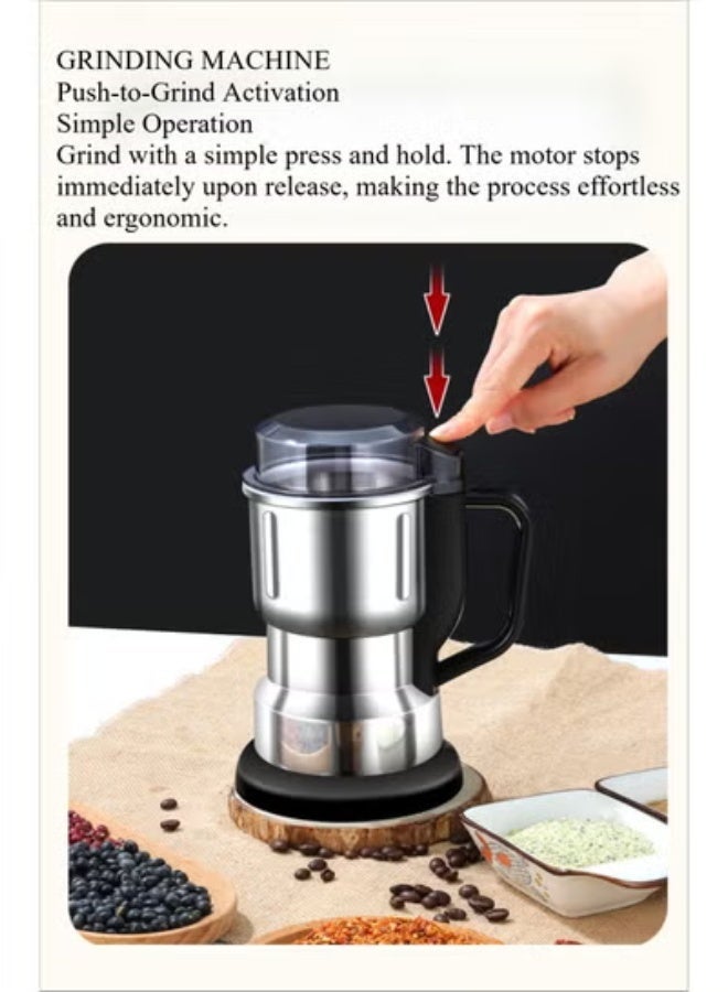 Stainless Steel Electric Dry Food Grinder – 220V High-Speed 4-Blade Mill for Coffee Beans, Grains, Spices, Herbs & Flours – BPA-Free Pulse Function, Large Capacity – Home Kitchen Essential - Image 2