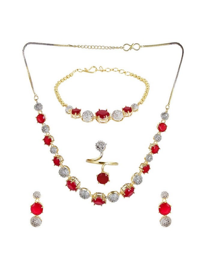 YouBella Jewellery Set for Women American Diamond Combo of Necklace Set with Earrings, Bracelet and Ring for Girls and Women (Red) - Image 1