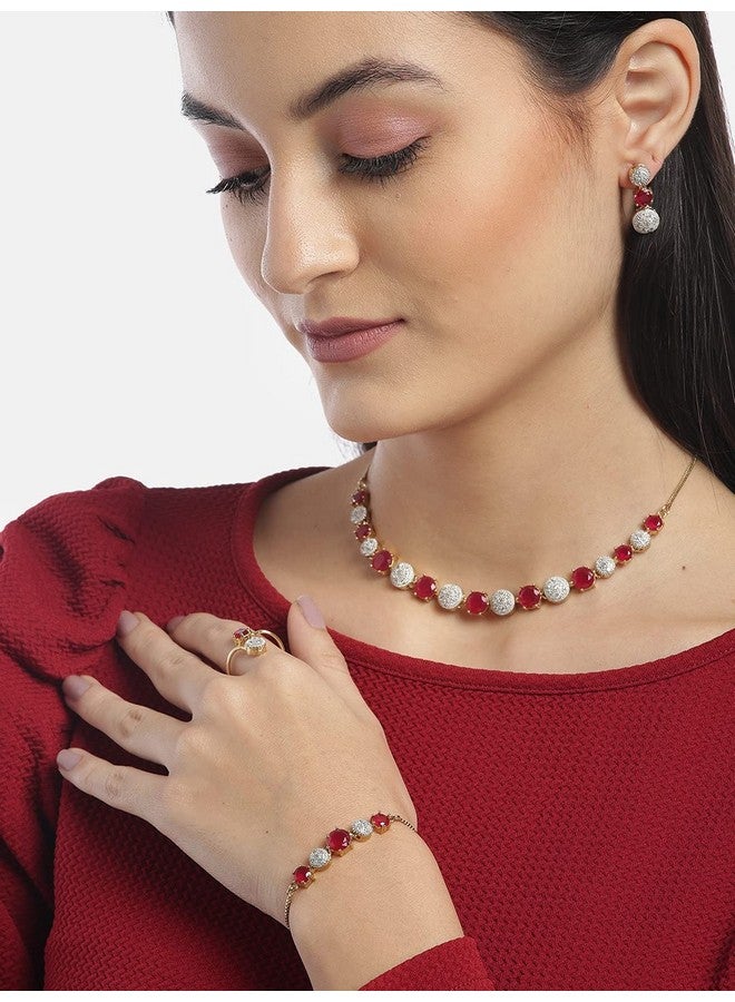 YouBella Jewellery Set for Women American Diamond Combo of Necklace Set with Earrings, Bracelet and Ring for Girls and Women (Red) - Image 3