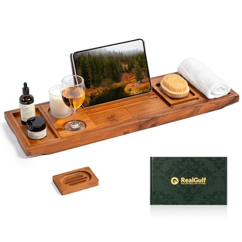 Realgulf Teak Bathtub Tray, Bath Caddy with Wine Glass Holder, Phone Dock & Book Stand | Hands-Free Reading & Ultimate Spa Relaxation Experience-Natural - Image 1