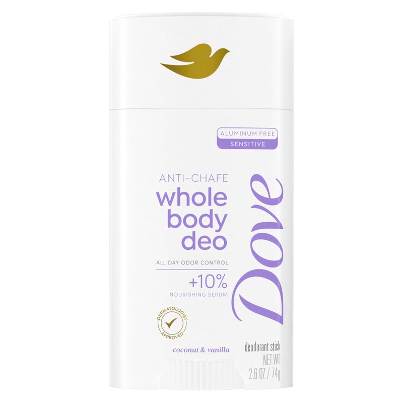 Dove Whole Body Deo Aluminum Free Anti-Chafe Deodorant Stick Coconut & Vanilla for 72h Odor Control 2.6 Oz - Image 1