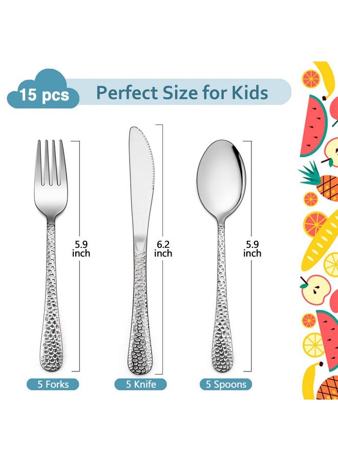 LIANYU 15-Piece Kids Utensils Silverware Set, Stainless Steel Toddler Hammered Flatware Cutlery, Children Tableware Includes Knives Forks Spoons, Dishwasher Safe - Image 1