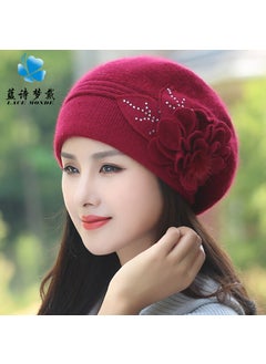 Generic Warm Knitted Hat Womens Autumn Winter Korean Style Fashionable Rabbit Fur Yarn Cap Ear Protection Moon Hat Handmade Crochet Wine red  - Image 1