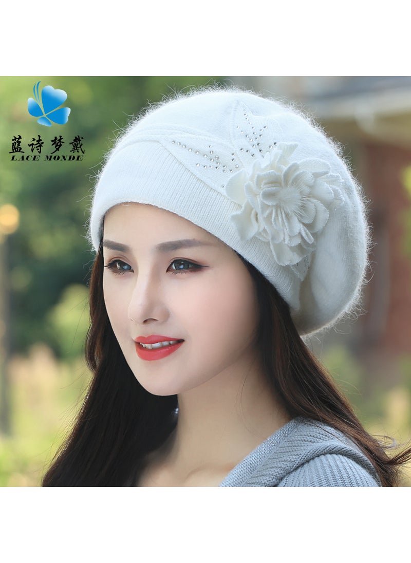 Generic - Warm Knitted Hat Womens Autumn Winter Korean Style Fashionable Rabbit Fur Yarn Cap Ear Protection Moon Hat Handmade Crochet Wine red - Image 1