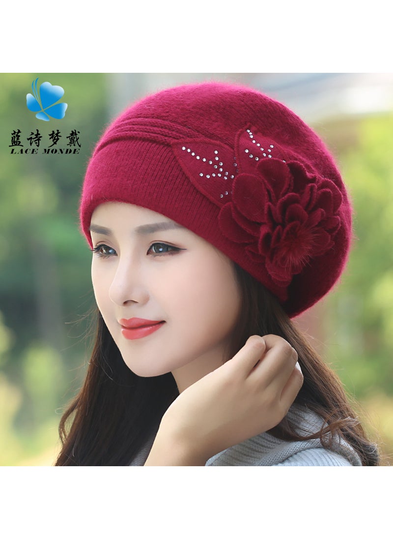 Generic - Warm Knitted Hat Womens Autumn Winter Korean Style Fashionable Rabbit Fur Yarn Cap Ear Protection Moon Hat Handmade Crochet Wine red - Image 1