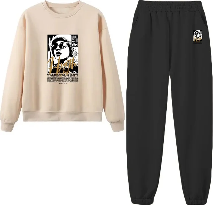 DogFish Tracksuit Oversize Icehell Printed Tracksuit,lover,couple Combination Beige