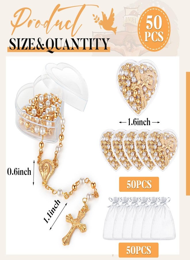 ROCEEI 50 Pcs Catholic Rosary Necklace 4 mm Glass Beads Rosary Favors Crucifix Prayer with Faux Pearl with Heart Shaped Box and Organza Bag for First Communion Baptism (Gold) - Image 2
