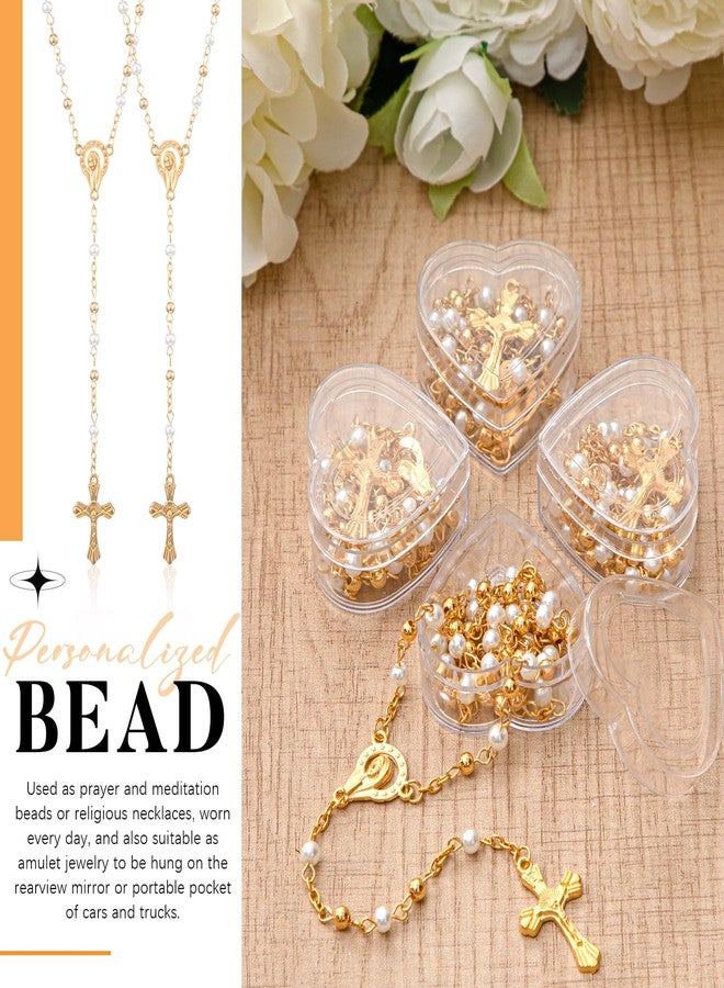 ROCEEI 50 Pcs Catholic Rosary Necklace 4 mm Glass Beads Rosary Favors Crucifix Prayer with Faux Pearl with Heart Shaped Box and Organza Bag for First Communion Baptism (Gold) - Image 5