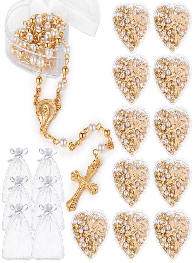 ROCEEI 50 Pcs Catholic Rosary Necklace 4 mm Glass Beads Rosary Favors Crucifix Prayer with Faux Pearl with Heart Shaped Box and Organza Bag for First Communion Baptism (Gold) - Image 1