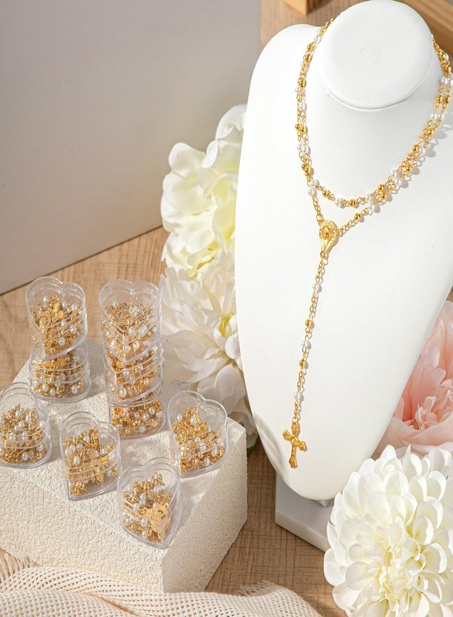 ROCEEI 50 Pcs Catholic Rosary Necklace 4 mm Glass Beads Rosary Favors Crucifix Prayer with Faux Pearl with Heart Shaped Box and Organza Bag for First Communion Baptism (Gold) - Image 4