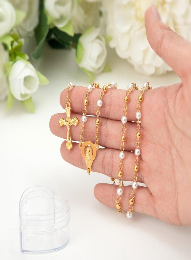 ROCEEI 50 Pcs Catholic Rosary Necklace 4 mm Glass Beads Rosary Favors Crucifix Prayer with Faux Pearl with Heart Shaped Box and Organza Bag for First Communion Baptism (Gold) - Image 3