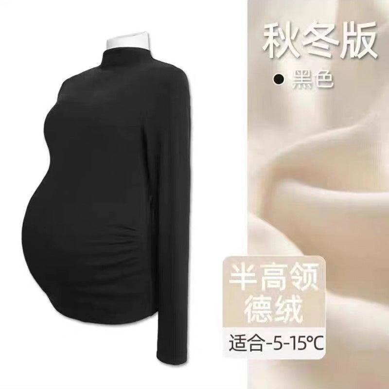 Pregnant Womens Fashion Autumn and Winter Two-piece Set Pregnant Womens Adjustable Abdominal Pants Solid Color Velvet Warm Bottoming Shirt suit 245# black top 