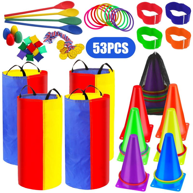 Deekin 53 Pieces Outdoor Lawn Game Carnival Toss Set Potato Sack Race Bags Egg and Spoon Race Party Ring Bean Bag Tossing Cones Prizes for Adult Family Birthday Party Outdoor Game Supplies - Image 2