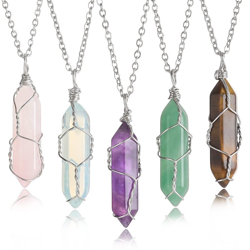 Lezam 5 Pcs Natural Hexagonal Crystal Necklace for Women Reiki Healing Crystals Pendant with Tree Wire Wrapped Gemstone Quartz Stone Pendants Necklaces - Image 1
