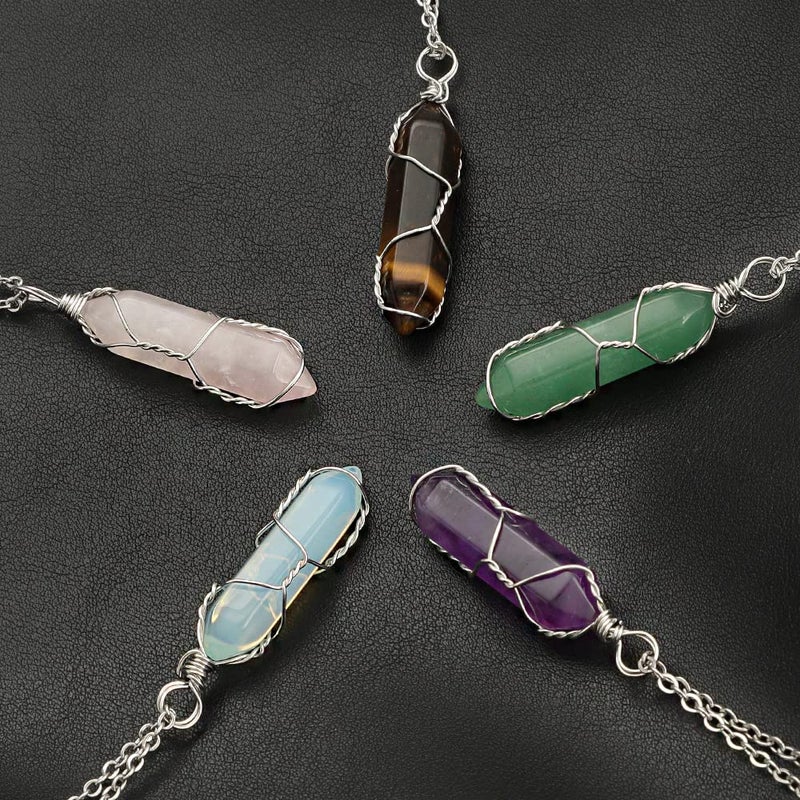 Lezam 5 Pcs Natural Hexagonal Crystal Necklace for Women Reiki Healing Crystals Pendant with Tree Wire Wrapped Gemstone Quartz Stone Pendants Necklaces - Image 4
