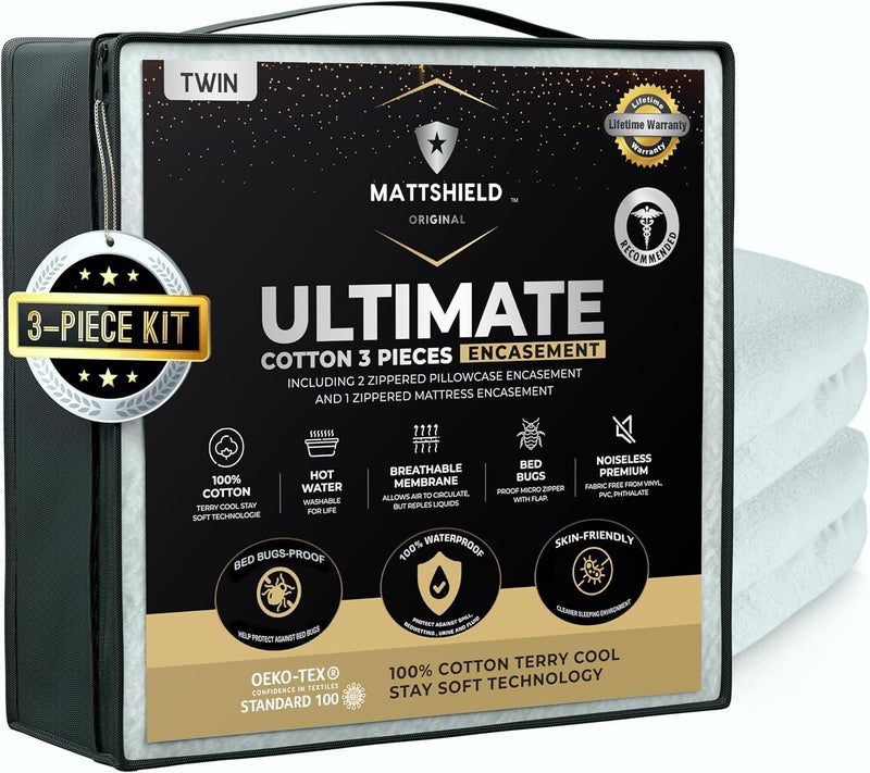 MATTSHIELD ORIGINAL New Ultimate 3-Piece Kit - Bed Bug-Proof Mattress Cover Twin Size 100% Cotton Top + 2 Pillow Protectors with Zipper - 6 Sided Waterproof Encasement, Best Bedbug Defense - Image 1