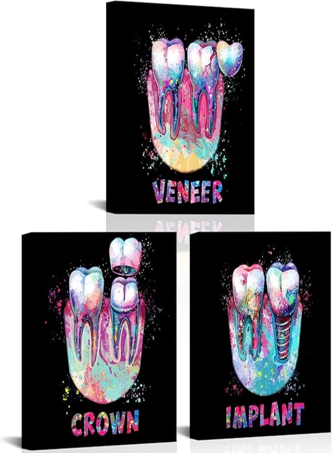 KLVOS Medical Art Canvas Prints Wall Art Abstract Tooth Picture Dental Treatment Teeth Medical Office Wall Decor Great Gift for Dental Clinic Orthodontist Hospital Ready to Hang 12"x12"x3pcs 
