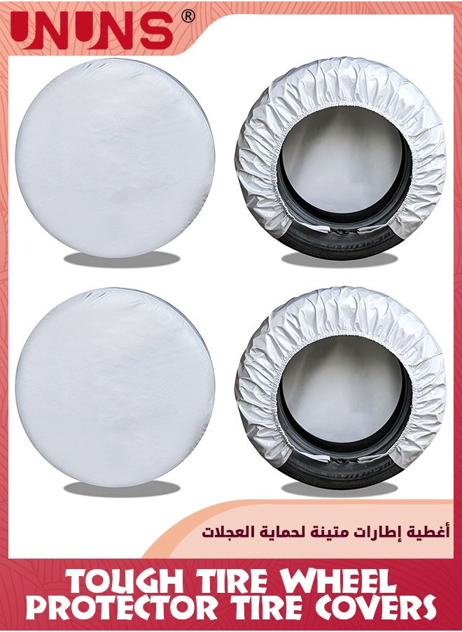 UNUNS أغطية إطارات مكونة من 4 قطع، أغطية عجلات مقاومة للعوامل الجوية، واقيات أكسفورد من أشعة الشمس فوق البنفسجية لإطارات السيارات، أغطية سيارات عالمية للمنزل المتنقل والقوارب والمقطورات والشاحنات والسيارات الرياضية متعددة الاستخدامات، تناسب قطر الإطارات 27-29 بوصة، فضي  - Image 1