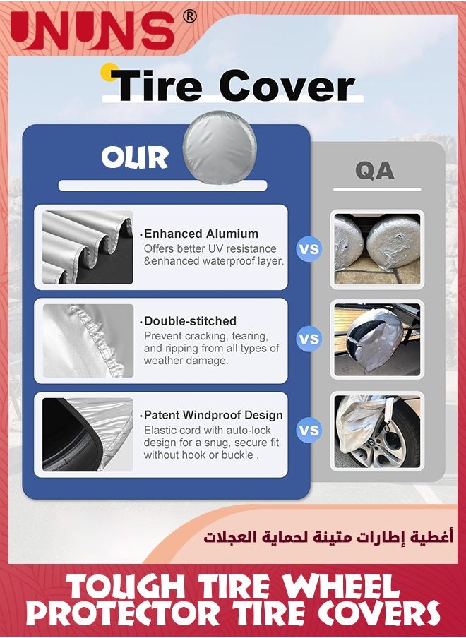 UNUNS أغطية إطارات مكونة من 4 قطع، أغطية عجلات مقاومة للعوامل الجوية، واقيات أكسفورد من أشعة الشمس فوق البنفسجية لإطارات السيارات، أغطية سيارات عالمية للمنزل المتنقل والقوارب والمقطورات والشاحنات والسيارات الرياضية متعددة الاستخدامات، تناسب قطر الإطارات 27-29 بوصة، فضي  - Image 2
