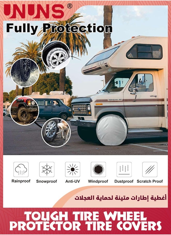 UNUNS أغطية إطارات مكونة من 4 قطع، أغطية عجلات مقاومة للعوامل الجوية، واقيات أكسفورد من أشعة الشمس فوق البنفسجية لإطارات السيارات، أغطية سيارات عالمية للمنزل المتنقل والقوارب والمقطورات والشاحنات والسيارات الرياضية متعددة الاستخدامات، تناسب قطر الإطارات 27-29 بوصة، فضي  - Image 4