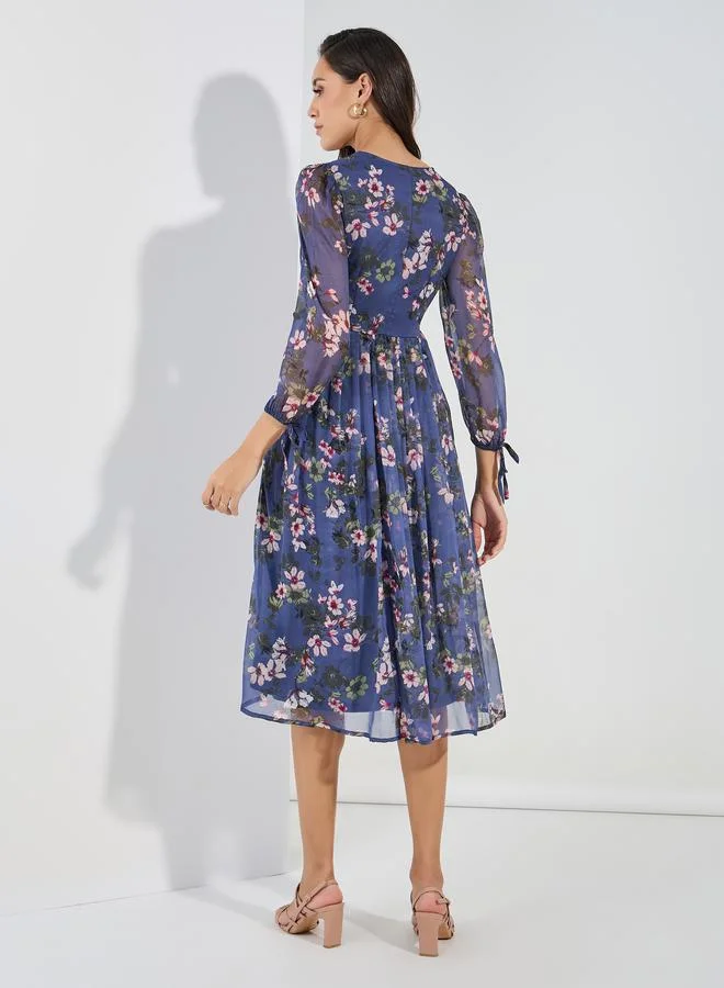 Styli Floral Print Tie-Cuff Sleeves A-Line Midi Dress