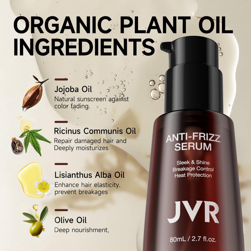 JVR Hydrating Hair Serum for Frizzy and Damaged Hairï¼ŒHeat Protectant Oil for Frizz Control, Keratin Hair Treatment Essence for Damaged Dry Hair Jojoba Oil, Castor Oil, Anti Frizz Hair Product 2.7 oz - Image 5