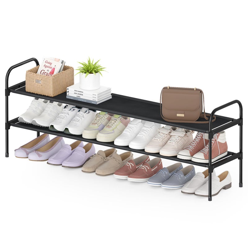 HITHIM 2 Tier Long Shoe Rack for Closet Screw Fastened Plastic Connector Shoe Storage Organizer NonWoven Fabric Metal Shoe Shelf Holds 1821 Pairs for Front Door Entrance 485x121x178