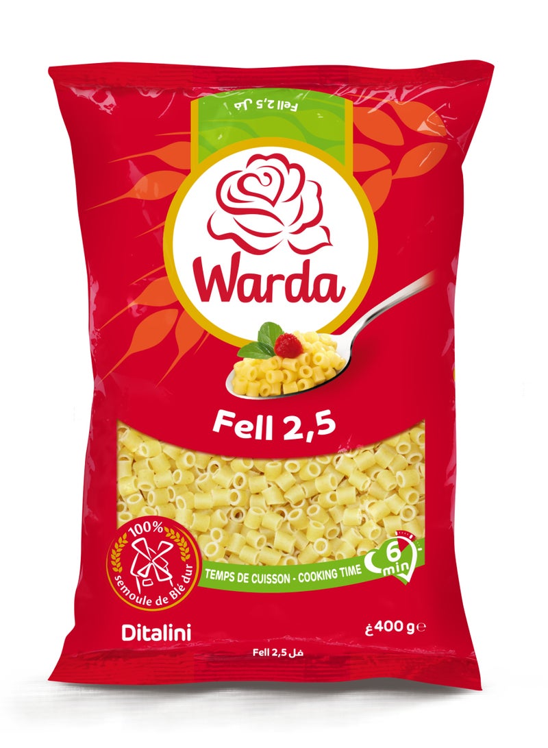WARDA Ditalini Pasta 400g | Fell 2.5 Small Tube Pasta | 100% Durum Wheat Semolina | Ideal for Soups & Light Sauces