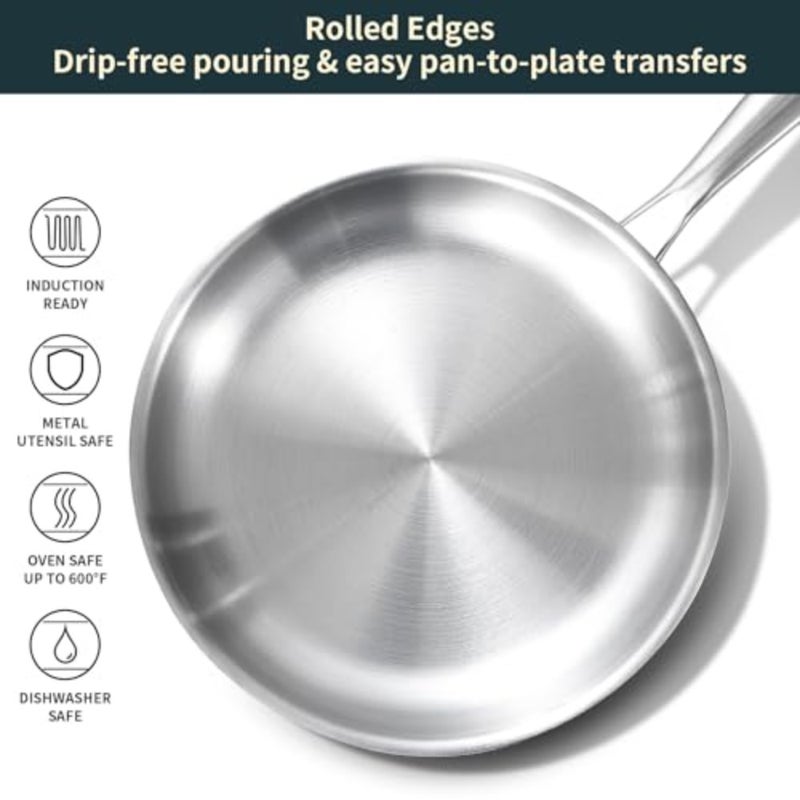 Full Clad Tri-Ply Stainless Steel Frying Pan 10 inch, All Stove Compatible Up to 600℉, Heavy Duty, Oven Safe Skillet, 18/10 Cooking Pan, Chef's Pan for Kitchen, Omelette Pan, Flat Bottom - Image 4