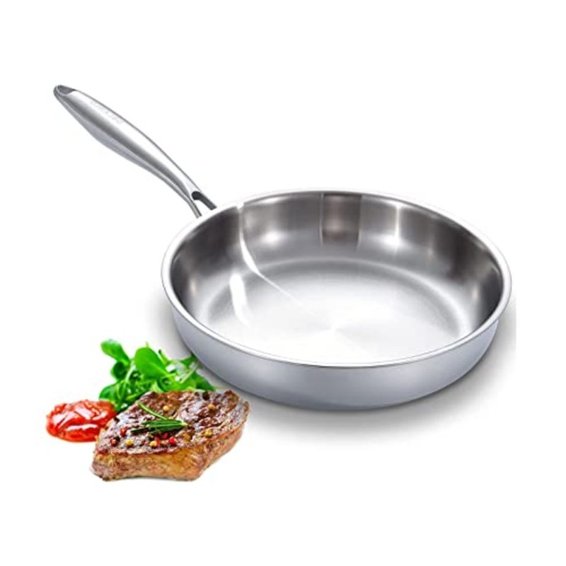 Full Clad Tri-Ply Stainless Steel Frying Pan 10 inch, All Stove Compatible Up to 600℉, Heavy Duty, Oven Safe Skillet, 18/10 Cooking Pan, Chef's Pan for Kitchen, Omelette Pan, Flat Bottom - Image 1