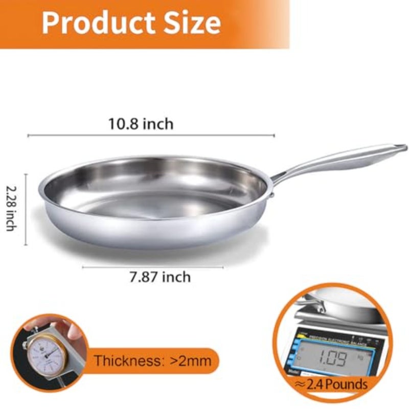 Full Clad Tri-Ply Stainless Steel Frying Pan 10 inch, All Stove Compatible Up to 600℉, Heavy Duty, Oven Safe Skillet, 18/10 Cooking Pan, Chef's Pan for Kitchen, Omelette Pan, Flat Bottom - Image 5
