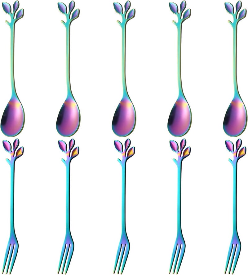 AnSaw Multi-market matching options 10-Pc Rainbow Mini Spoons & Forks Set, 4.7" - Leaf Handle | Stainless Steel,Ideal for Coffee,Tea, Dessert,Appetizers, Tastings, Parties, Charcuterie & Cocktails Economical varied design options - Image 1