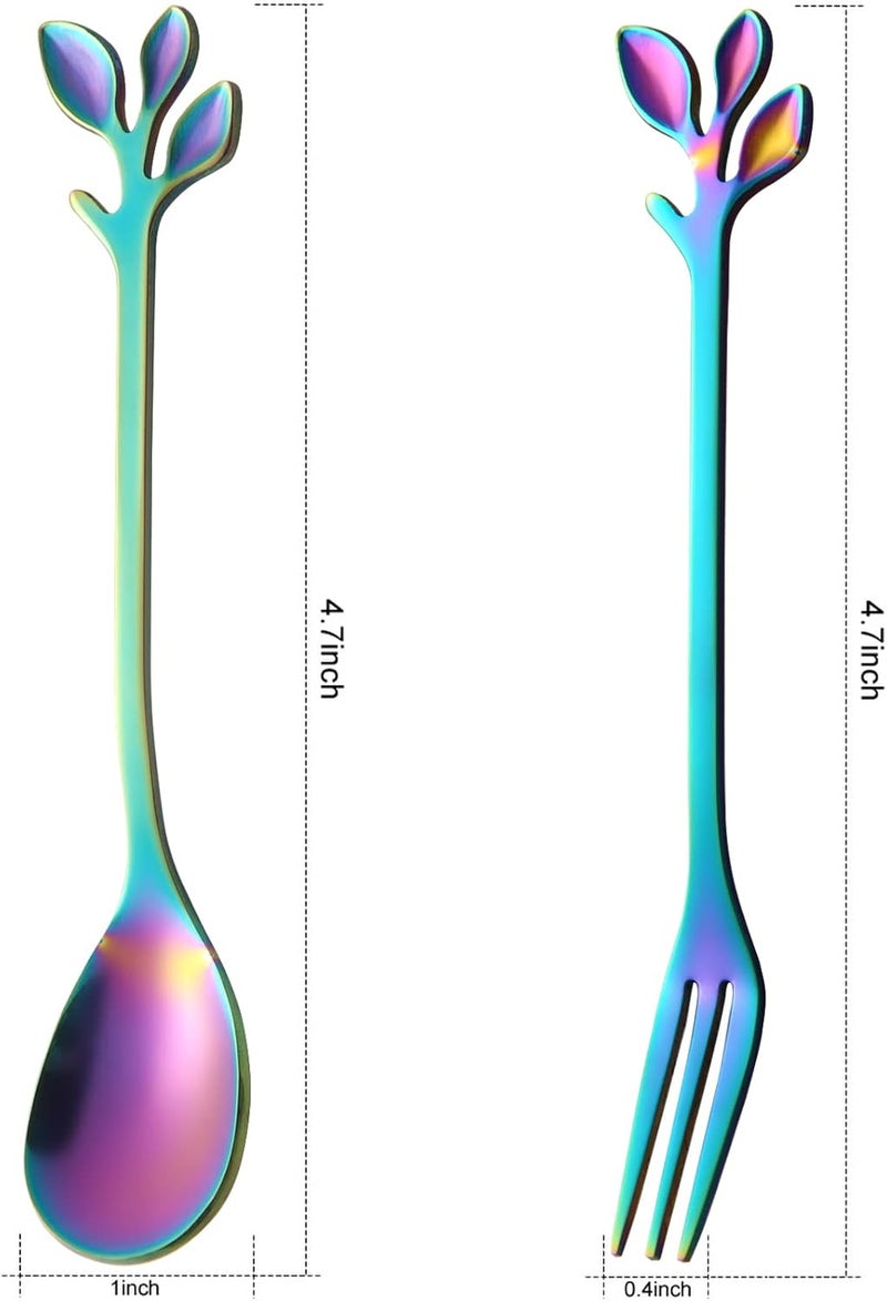AnSaw Multi-market matching options 10-Pc Rainbow Mini Spoons & Forks Set, 4.7" - Leaf Handle | Stainless Steel,Ideal for Coffee,Tea, Dessert,Appetizers, Tastings, Parties, Charcuterie & Cocktails Economical varied design options - Image 2