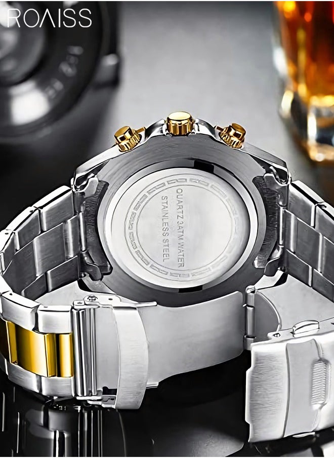 roaiss - Men's Stainless Steel Strap Quartz Watch Analog Display Round Blue Dial with Calendar Display Waterproof Luminous Wristwatch as Gift for Men - Image 1