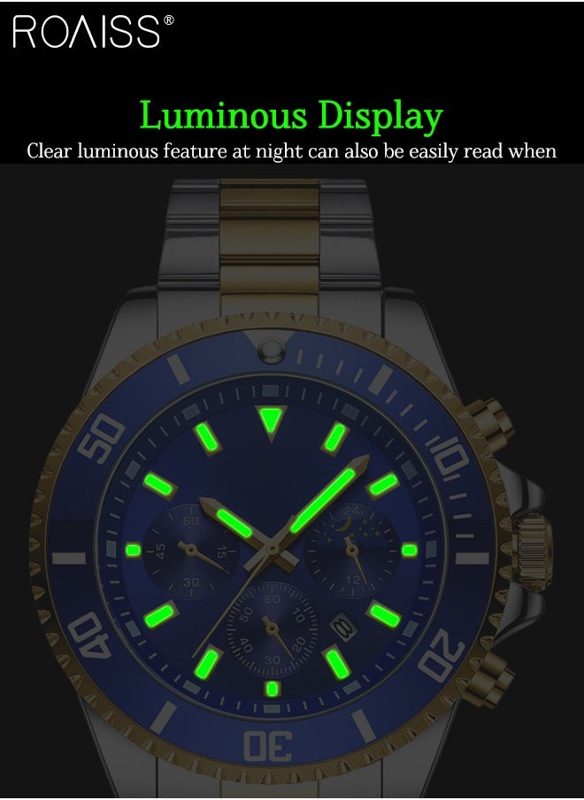 roaiss - Men's Stainless Steel Strap Quartz Watch Analog Display Round Blue Dial with Calendar Display Waterproof Luminous Wristwatch as Gift for Men - Image 1