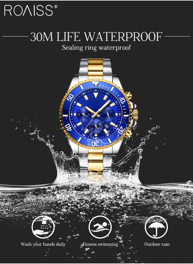roaiss - Men's Stainless Steel Strap Quartz Watch Analog Display Round Blue Dial with Calendar Display Waterproof Luminous Wristwatch as Gift for Men - Image 1