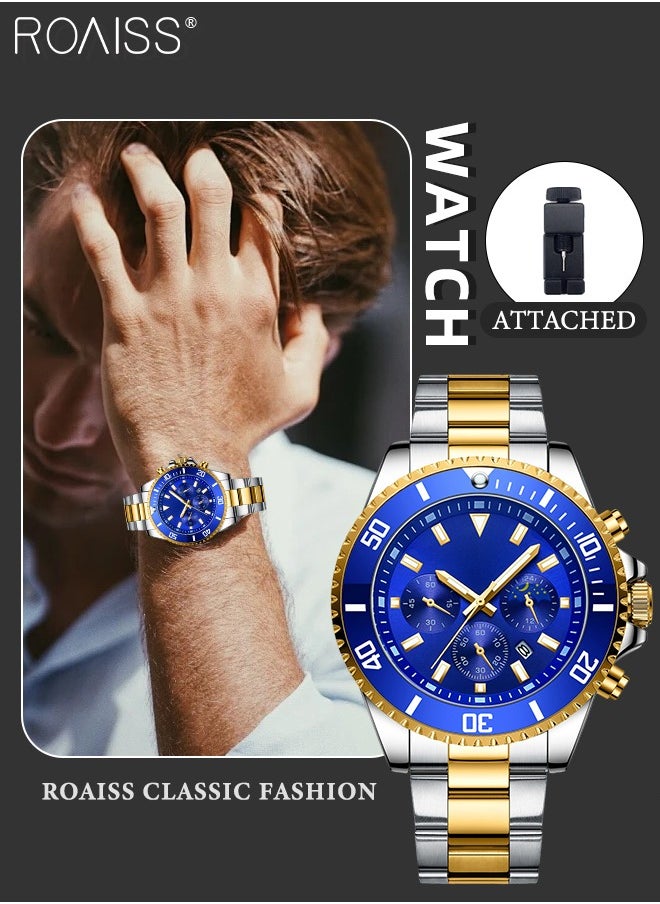 roaiss - Men's Stainless Steel Strap Quartz Watch Analog Display Round Blue Dial with Calendar Display Waterproof Luminous Wristwatch as Gift for Men - Image 1
