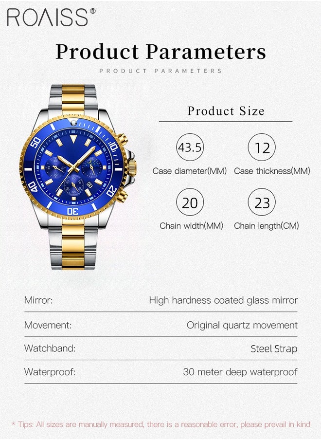 roaiss - Men's Stainless Steel Strap Quartz Watch Analog Display Round Blue Dial with Calendar Display Waterproof Luminous Wristwatch as Gift for Men - Image 1