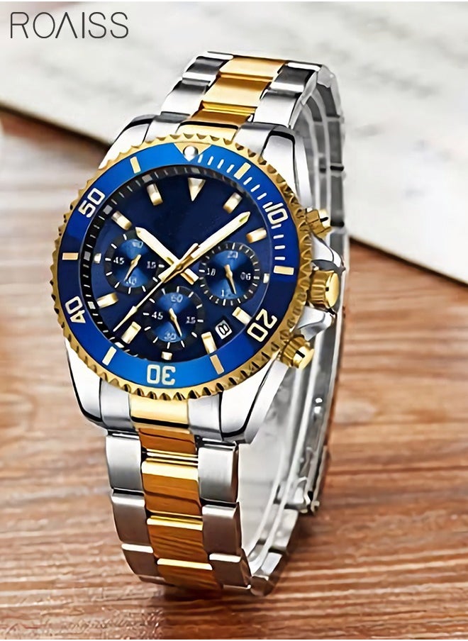 roaiss - Men's Stainless Steel Strap Quartz Watch Analog Display Round Blue Dial with Calendar Display Waterproof Luminous Wristwatch as Gift for Men - Image 1