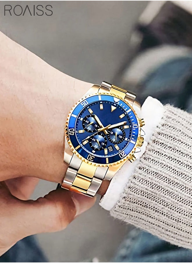 roaiss - Men's Stainless Steel Strap Quartz Watch Analog Display Round Blue Dial with Calendar Display Waterproof Luminous Wristwatch as Gift for Men - Image 1