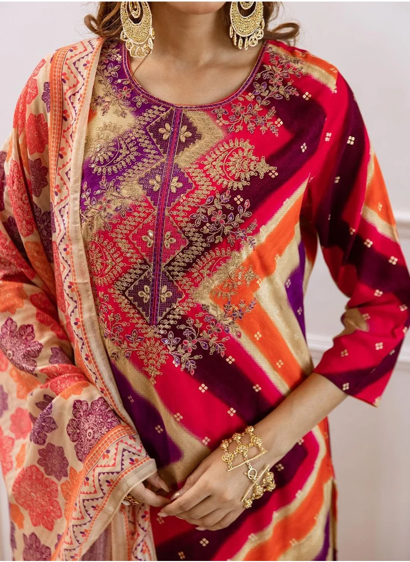 آي شين Women's Pink Rayon Printed Tunic Full Length Casual Straight Fit Kurta Set