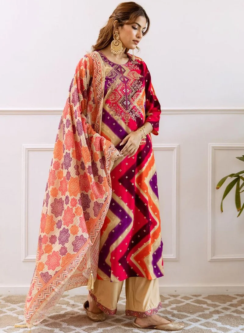ISHIN Women's Pink Rayon Printed Tunic Full Length Casual Straight Fit Kurta Set